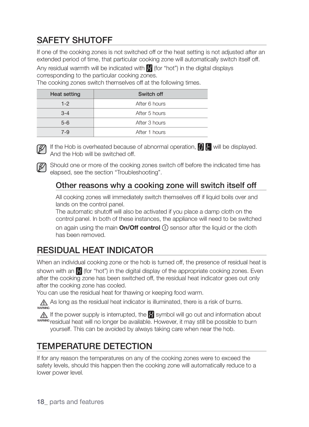 Samsung CTR164NB01/BOL manual Safety shutoff, Residual heat indicator, Temperature detection 