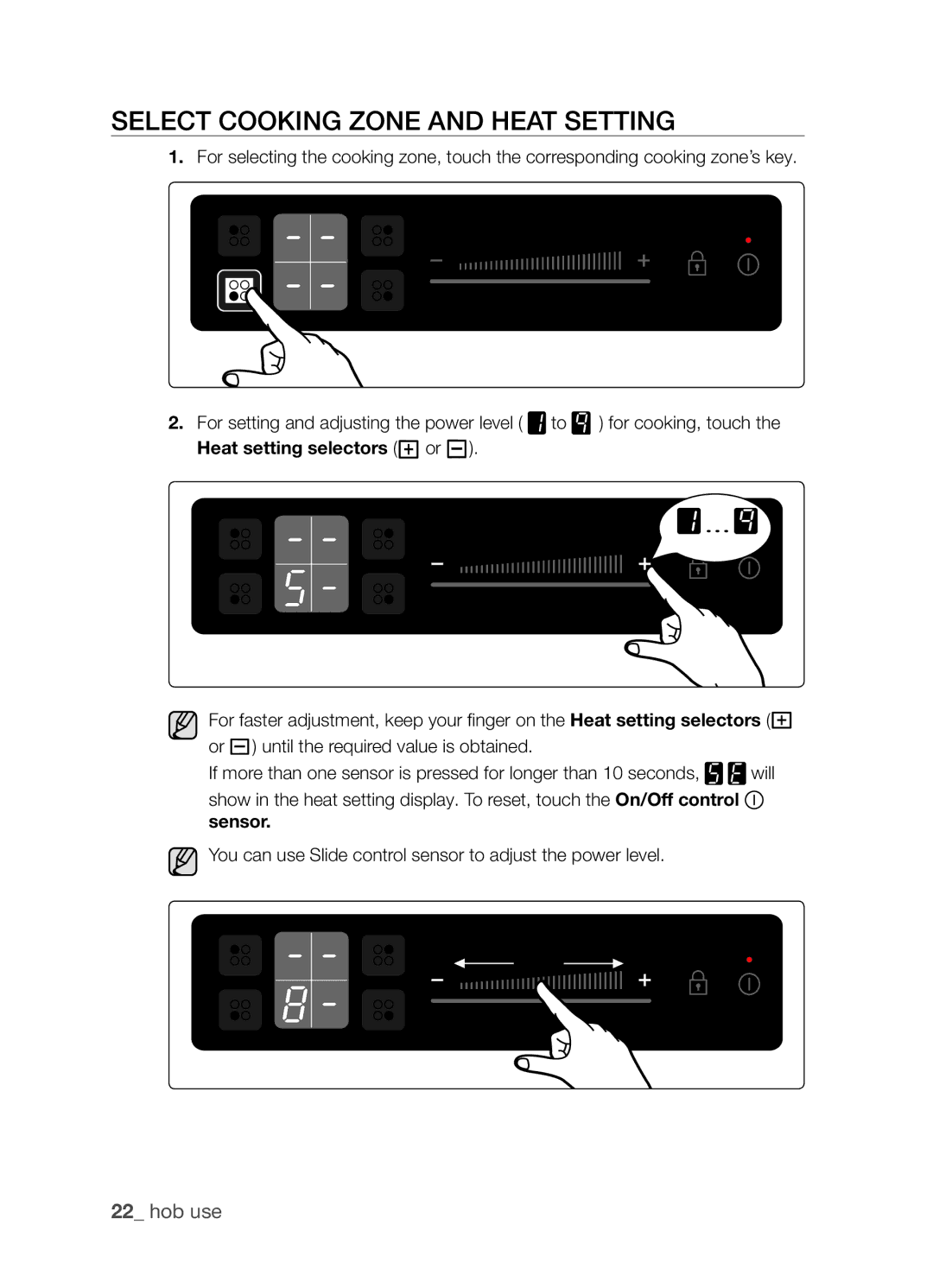 Samsung CTR164NB01/BOL manual Select cooking zone and heat setting 