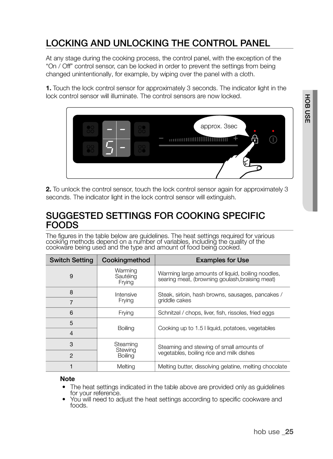 Samsung CTR164NB01/BOL manual Locking and unlocking the control panel, Suggested settings for cooking specific foods 