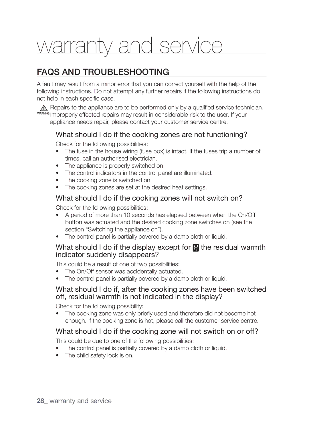 Samsung CTR164NB01/BOL manual Warranty and service, FAQs and troubleshooting 