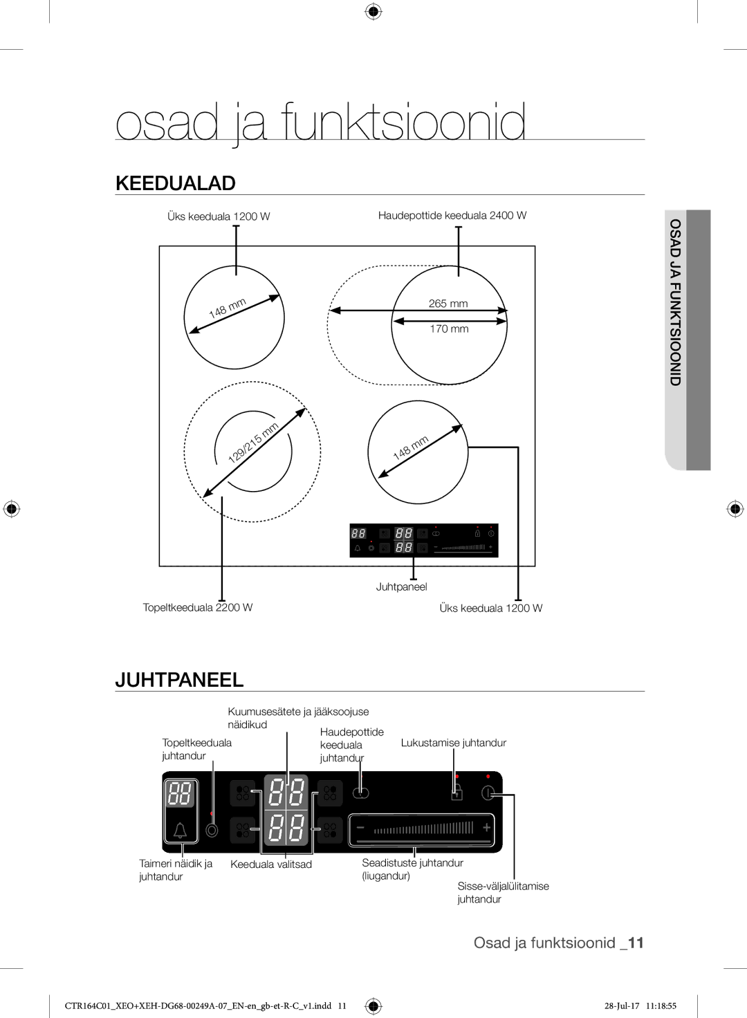 Samsung CTR164NC01/XEO manual Osad ja funktsioonid, Keedualad, Juhtpaneel 