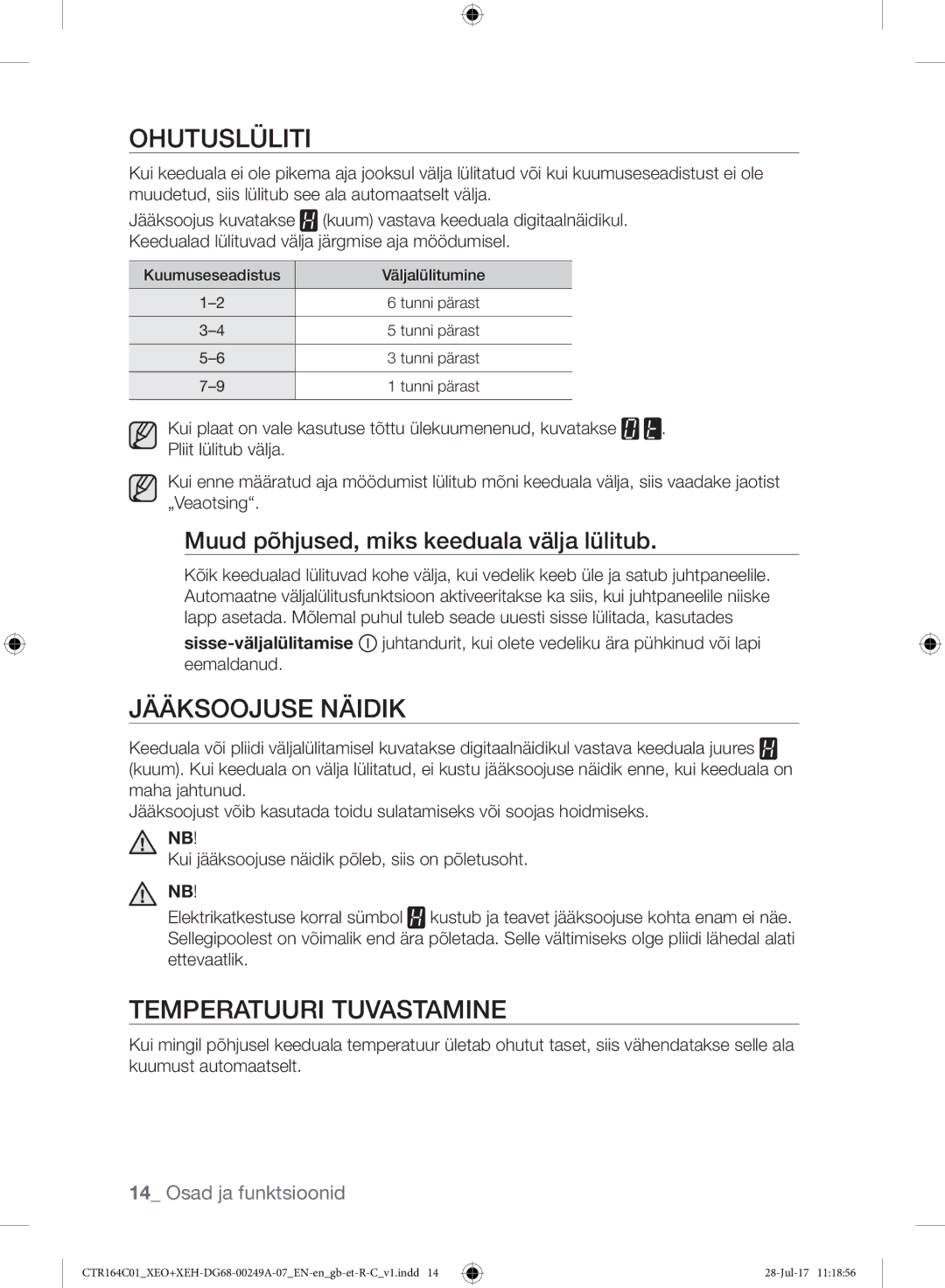 Samsung CTR164NC01/XEO manual Ohutuslüliti, Jääksoojuse Näidik, Temperatuuri Tuvastamine 