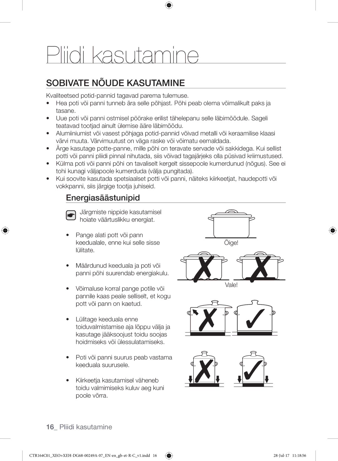 Samsung CTR164NC01/XEO manual Pliidi kasutamine, Sobivate Nõude Kasutamine, Energiasäästunipid 