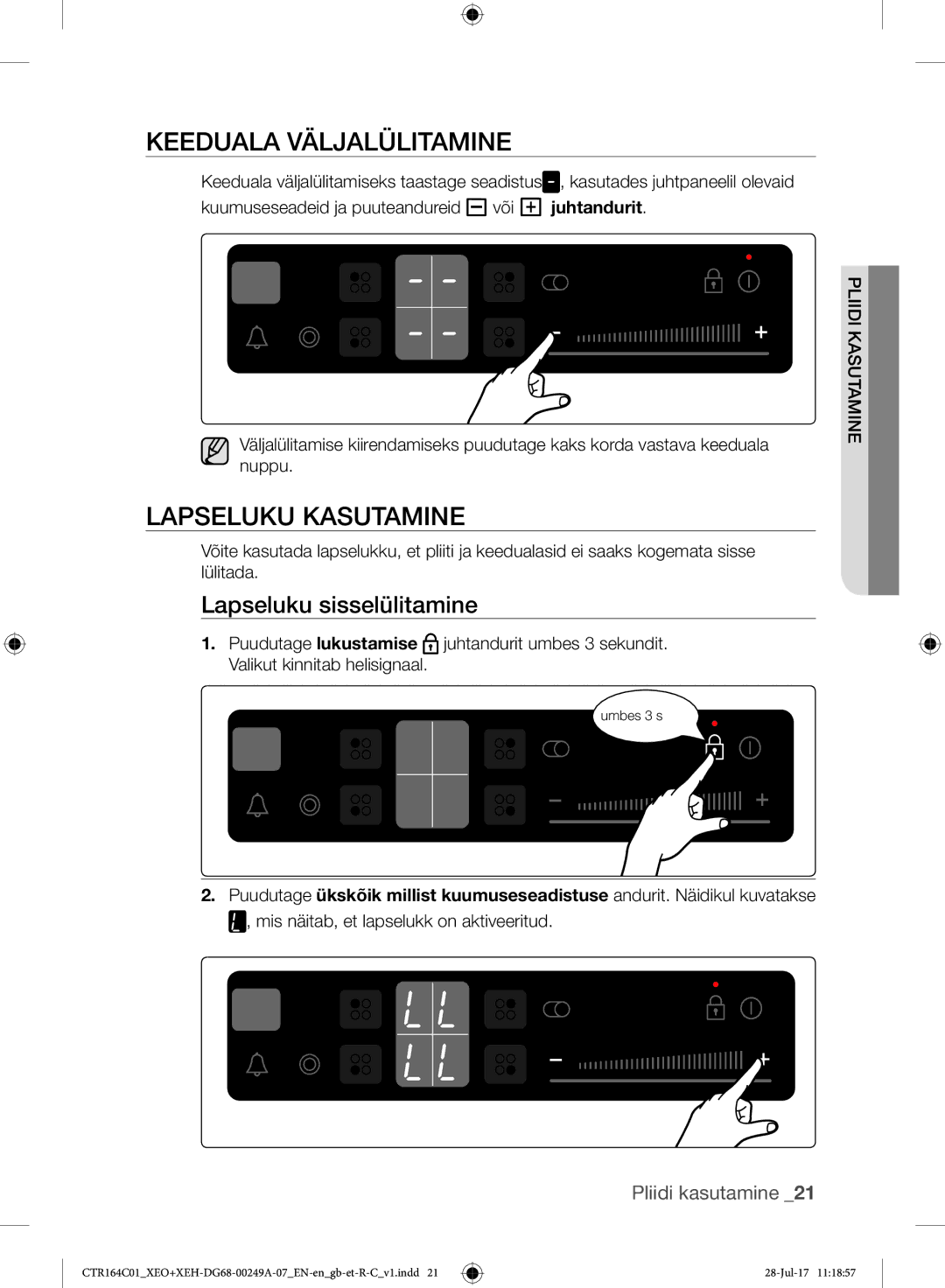 Samsung CTR164NC01/XEO manual Keeduala Väljalülitamine, Lapseluku Kasutamine, Lapseluku sisselülitamine 