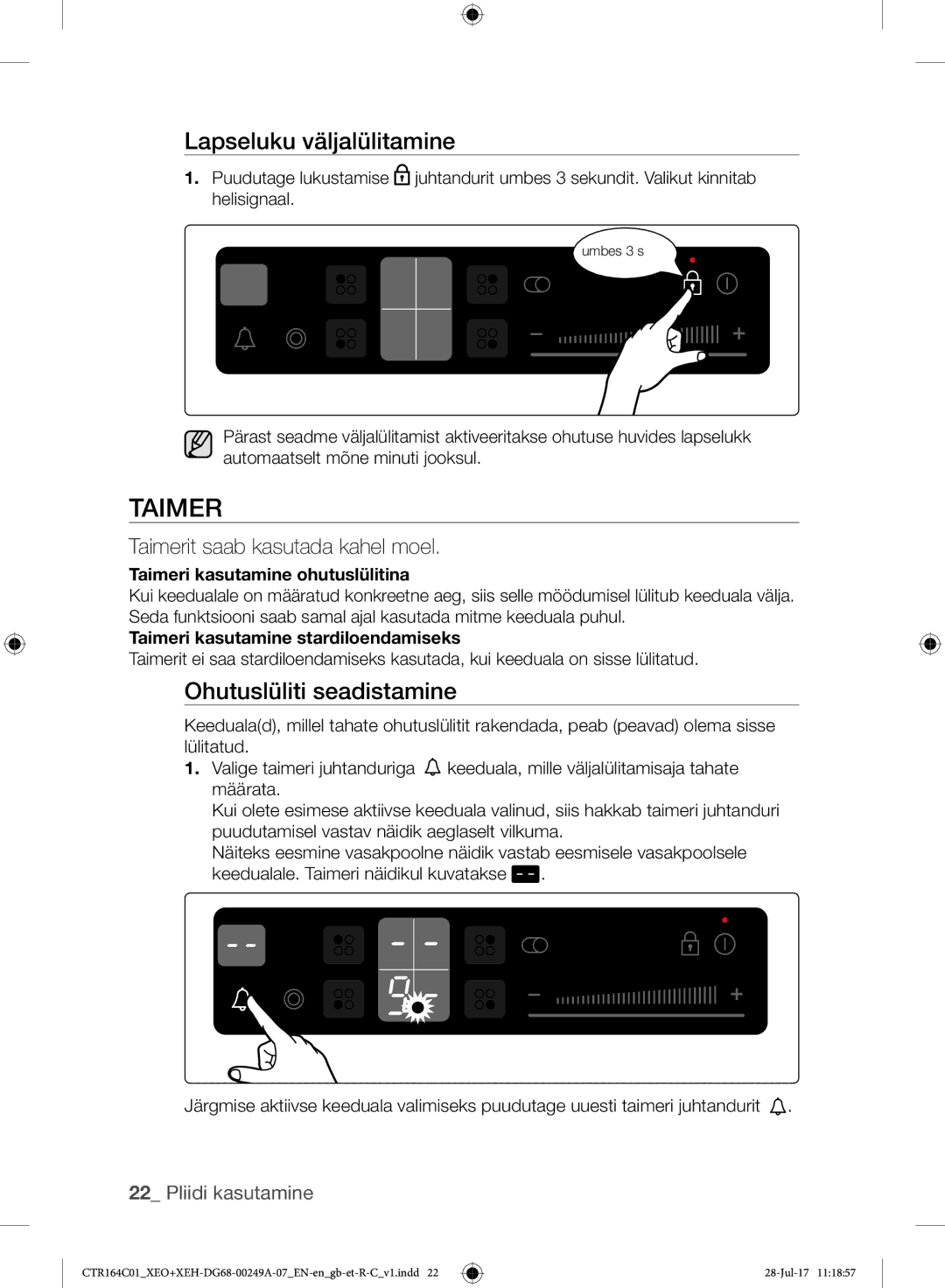 Samsung CTR164NC01/XEO manual Taimer, Lapseluku väljalülitamine, Ohutuslüliti seadistamine 