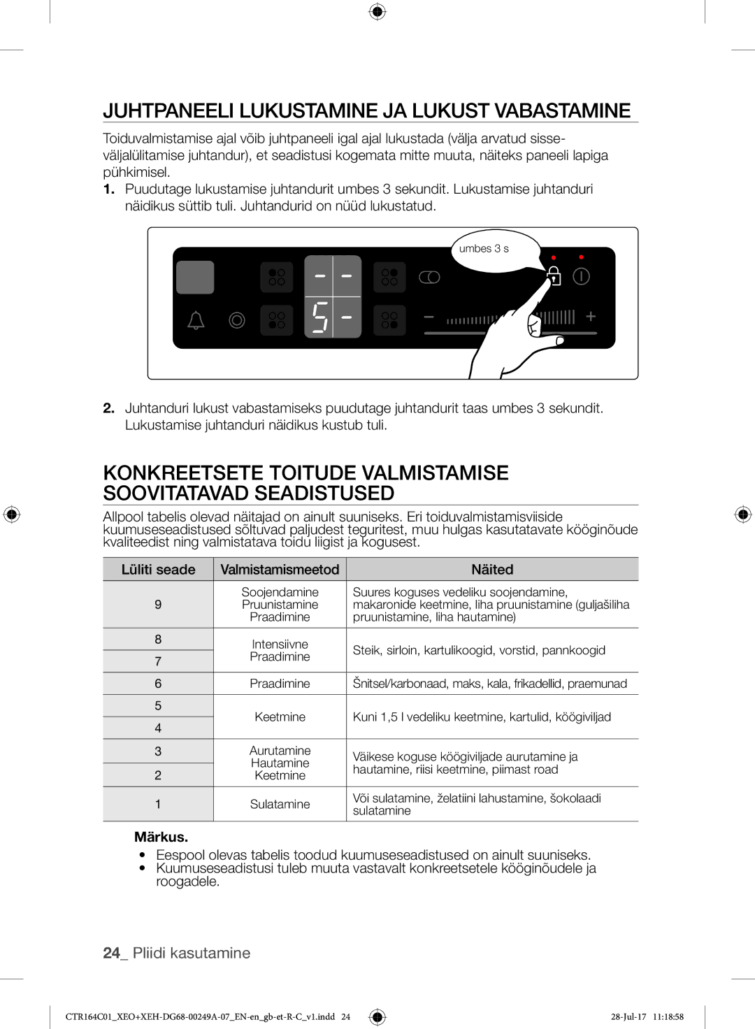 Samsung CTR164NC01/XEO manual Juhtpaneeli Lukustamine JA Lukust Vabastamine 