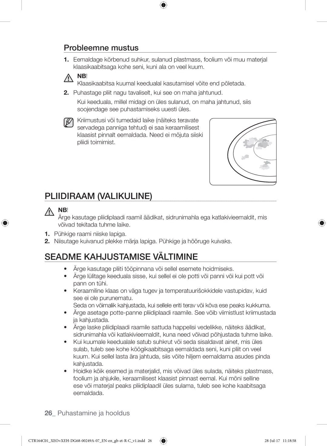 Samsung CTR164NC01/XEO manual Pliidiraam Valikuline, Seadme Kahjustamise Vältimine, Probleemne mustus 