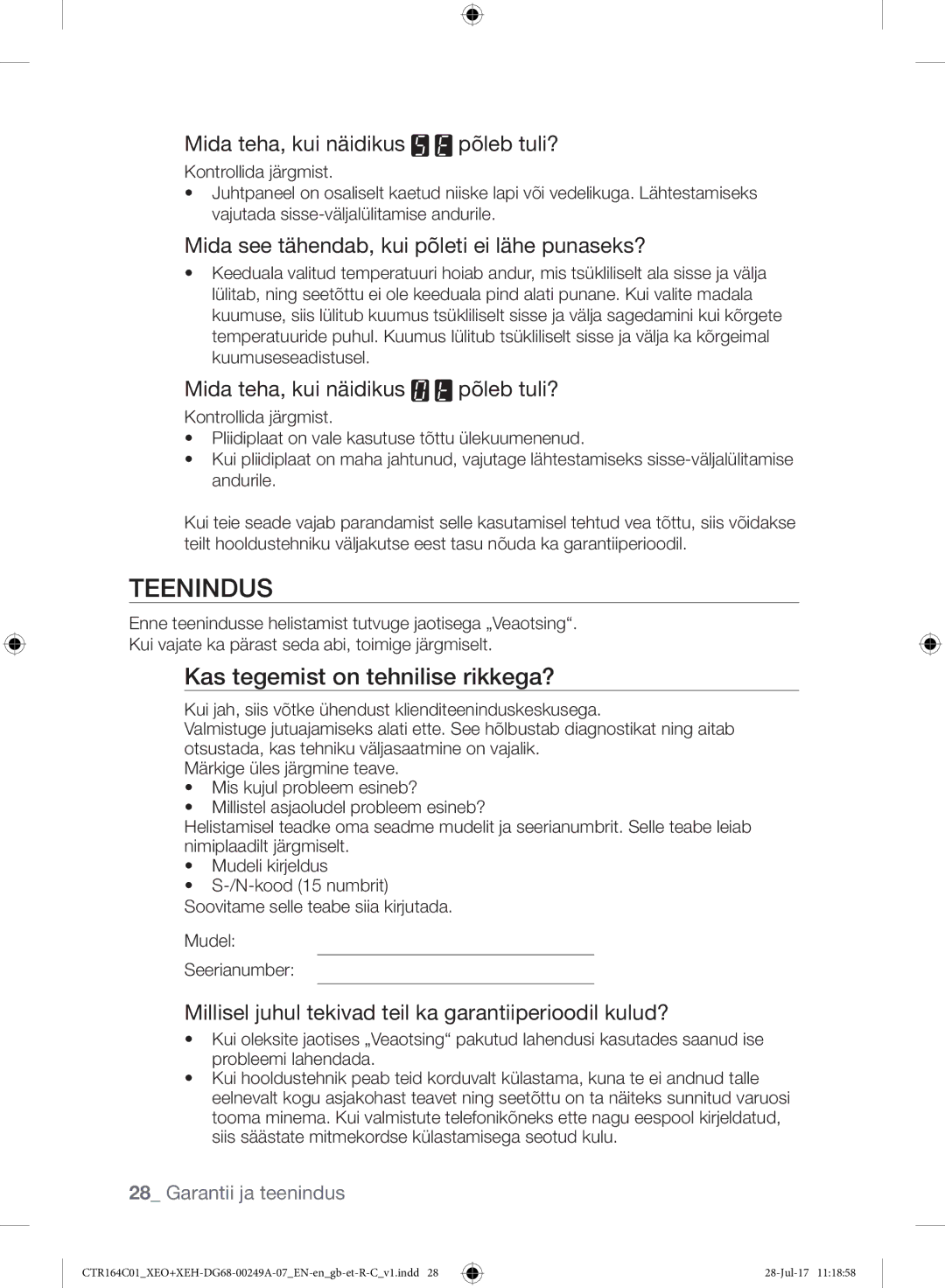 Samsung CTR164NC01/XEO manual Teenindus, Kas tegemist on tehnilise rikkega? 