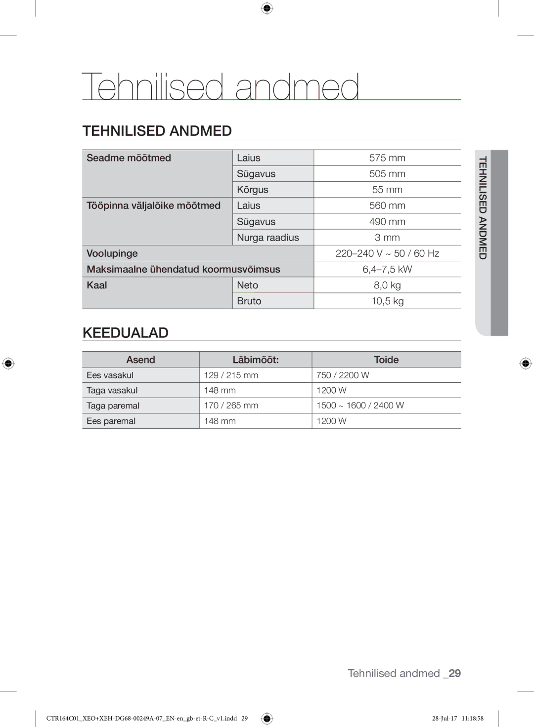 Samsung CTR164NC01/XEO manual Tehnilised andmed, Tehnilised Andmed 