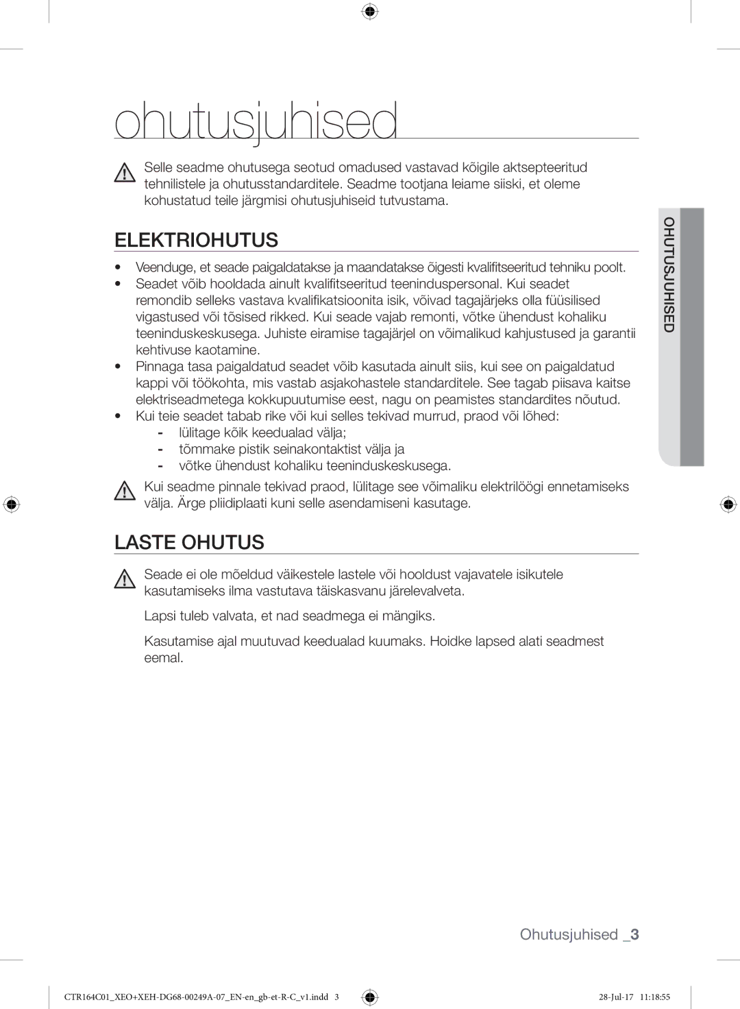 Samsung CTR164NC01/XEO manual Ohutusjuhised, Elektriohutus, Laste Ohutus 