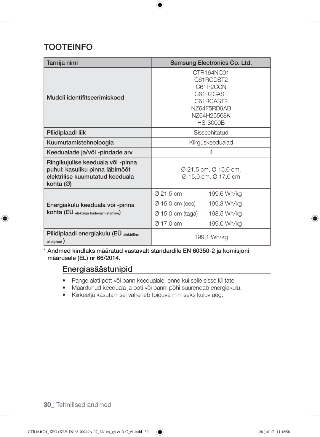 Samsung CTR164NC01/XEO manual Tooteinfo, Energiasäästunipid 