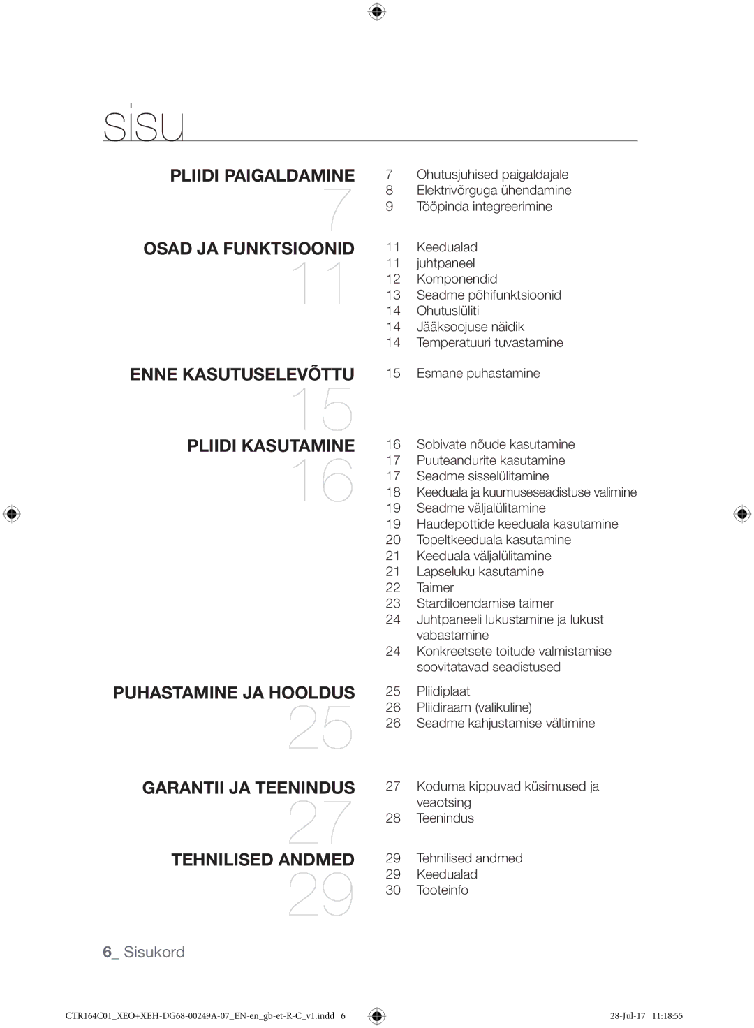 Samsung CTR164NC01/XEO manual Sisu, Osad JA Funktsioonid 