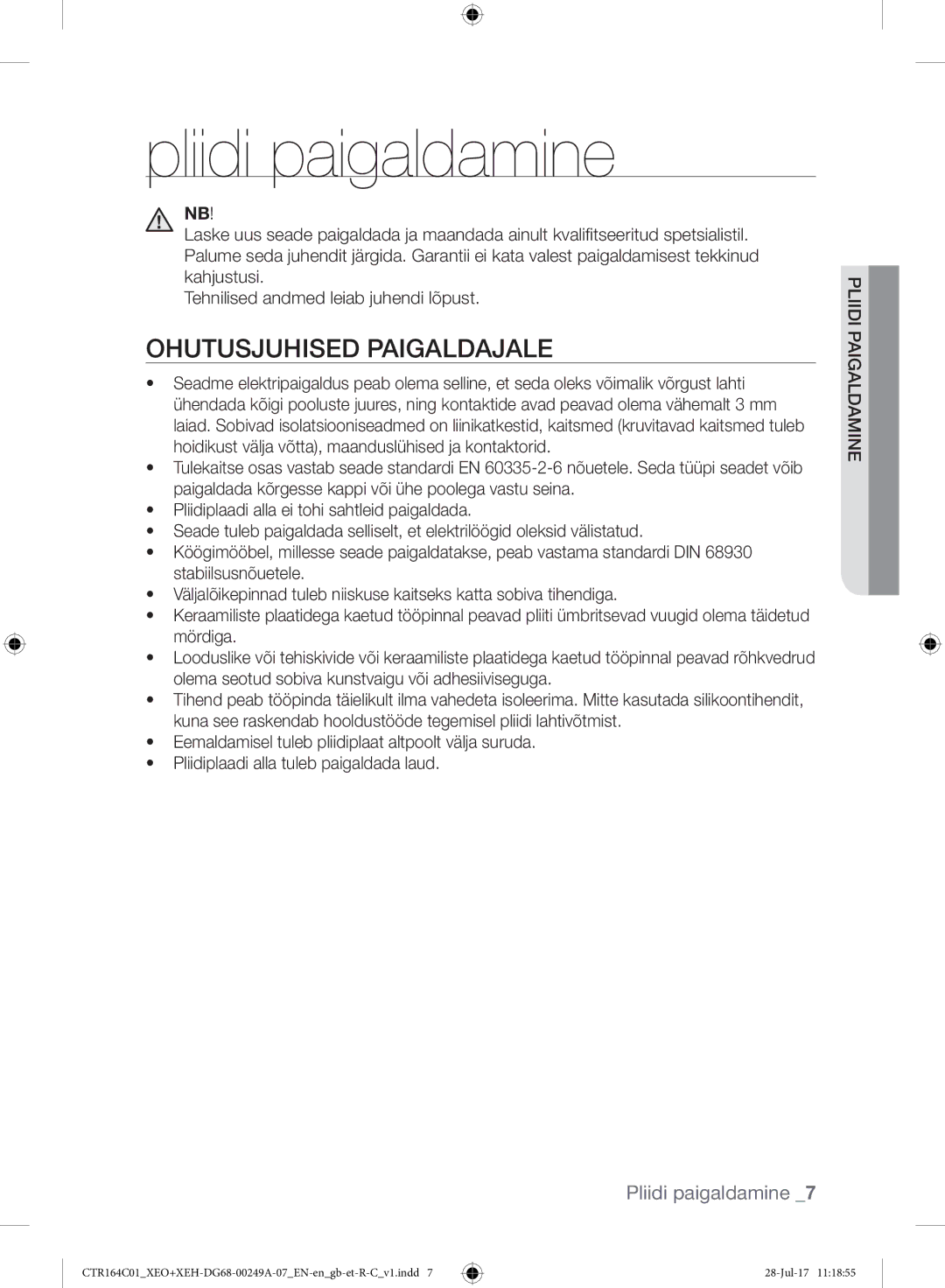 Samsung CTR164NC01/XEO manual Pliidi paigaldamine, Ohutusjuhised Paigaldajale 