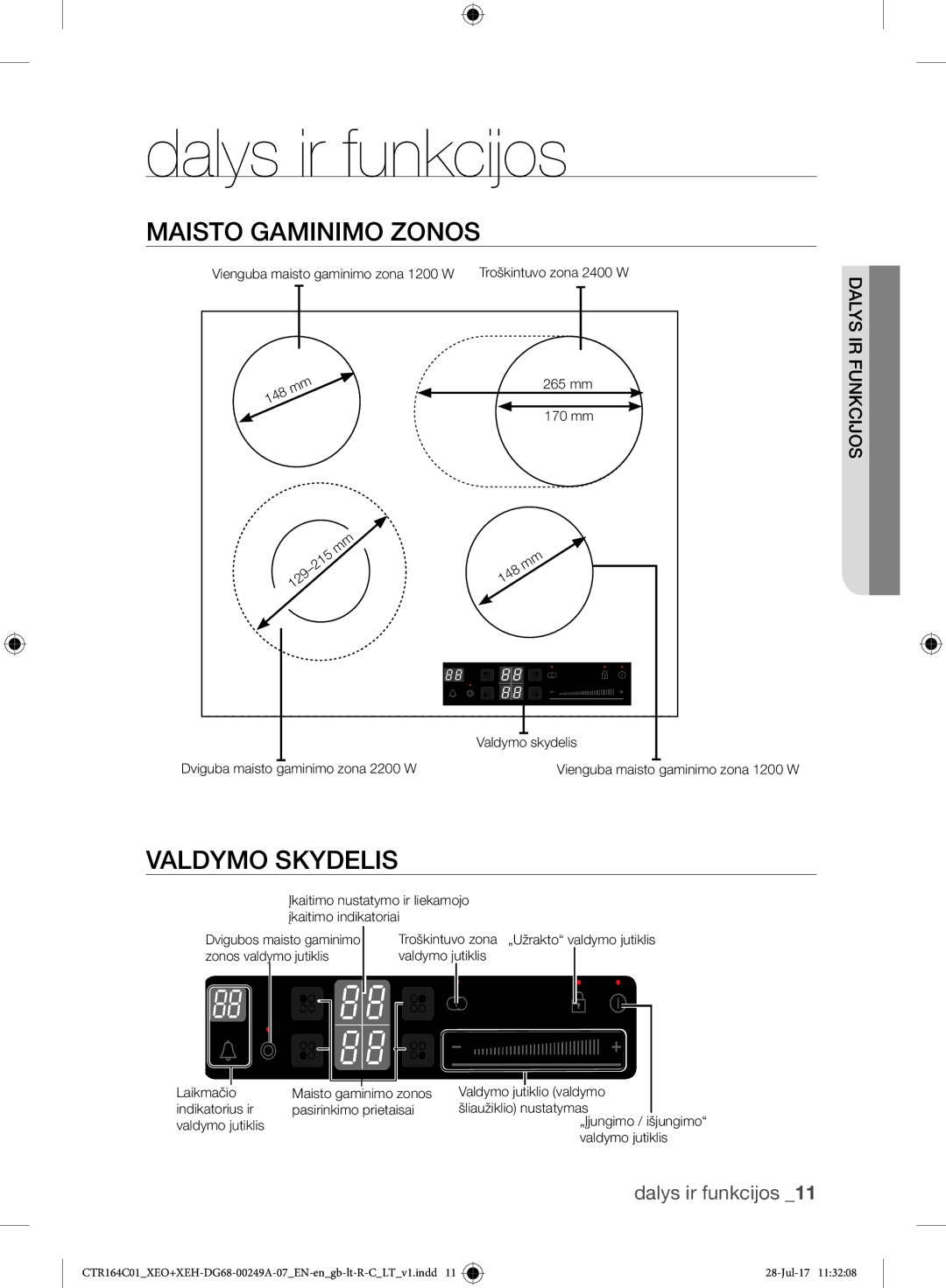 Samsung CTR164NC01/XEO manual Dalys ir funkcijos, Maisto Gaminimo Zonos, Valdymo Skydelis, Irdalyunkcijos 