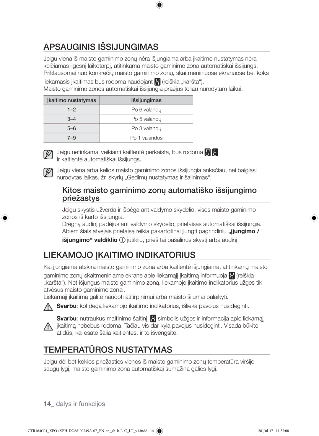 Samsung CTR164NC01/XEO manual Apsauginis Išsijungimas, Liekamojo Įkaitimo Indikatorius, Temperatūros Nustatymas 