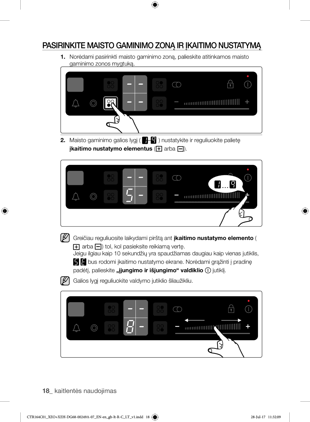 Samsung CTR164NC01/XEO manual Pasirinkite Maisto Gaminimo Zoną IR Įkaitimo Nustatymą, Įkaitimo nustatymo elementus arba 