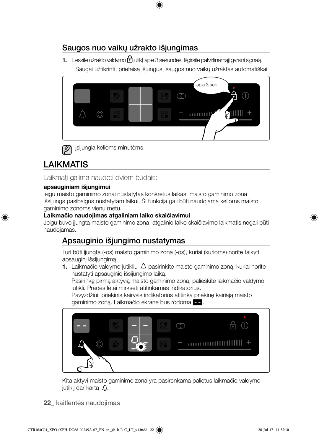 Samsung CTR164NC01/XEO manual Laikmatis, Saugos nuo vaikų užrakto išjungimas, Apsauginio išjungimo nustatymas 