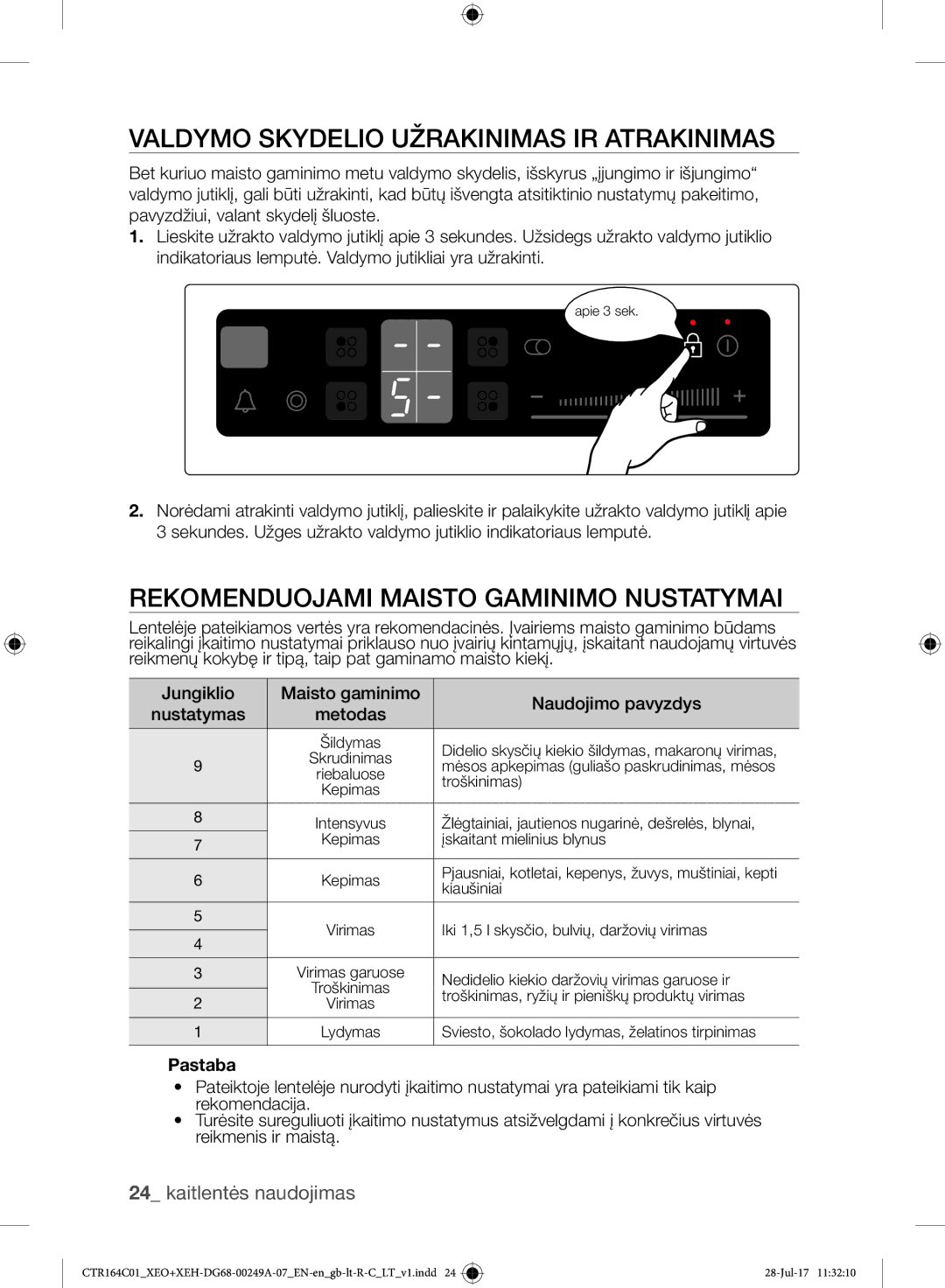 Samsung CTR164NC01/XEO Valdymo Skydelio Užrakinimas IR Atrakinimas, Rekomenduojami Maisto Gaminimo Nustatymai, Pastaba 