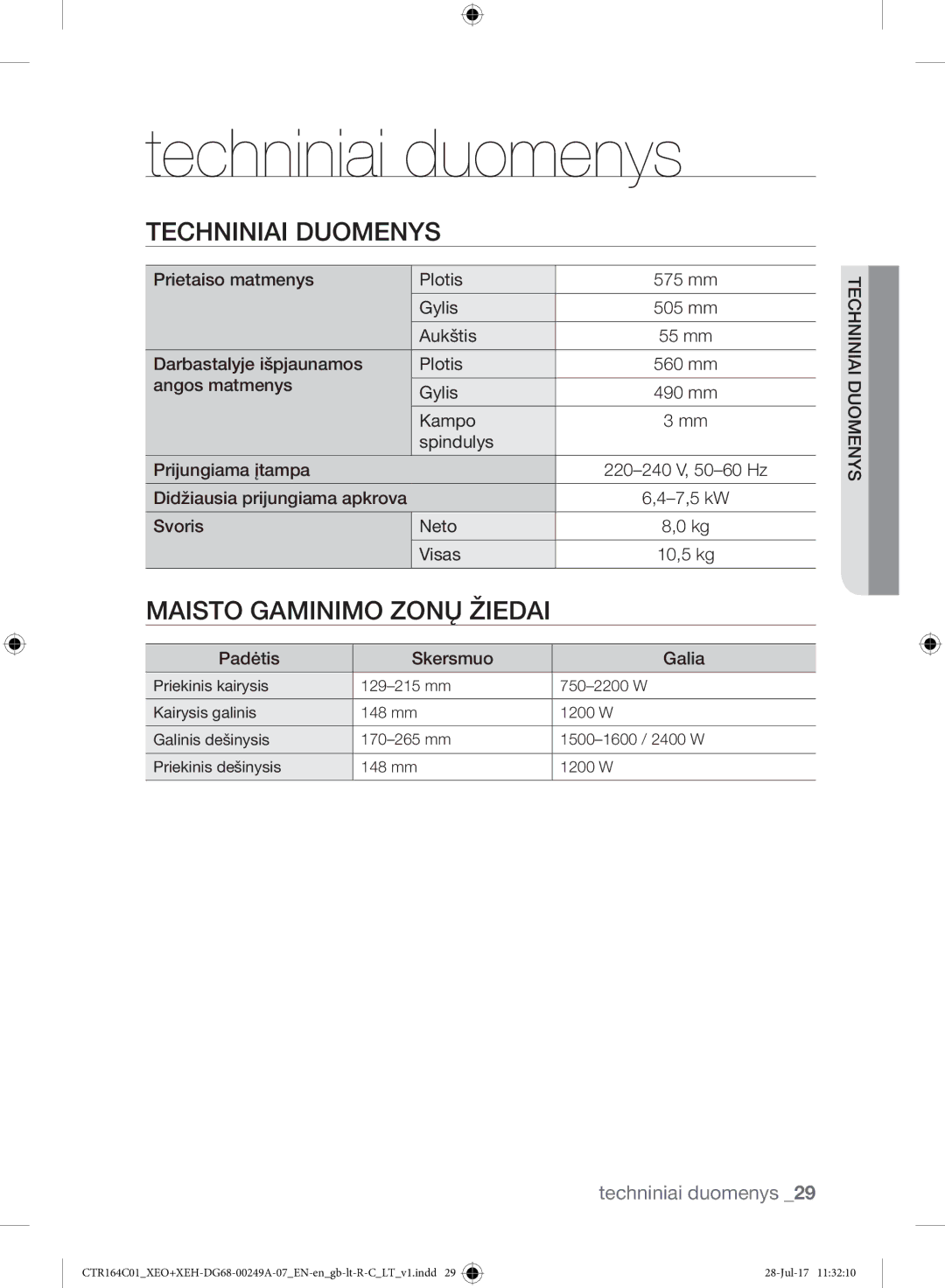 Samsung CTR164NC01/XEO manual Techniniai duomenys, Techniniai Duomenys, Maisto Gaminimo Zonų Žiedai 