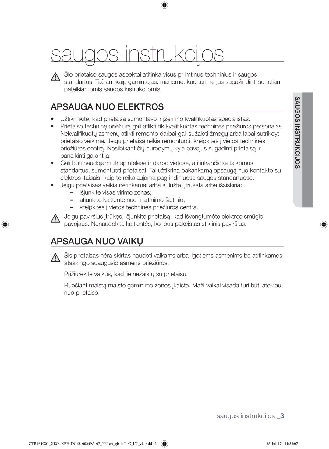 Samsung CTR164NC01/XEO manual Saugos instrukcijos, Apsauga NUO Elektros, Apsauga NUO Vaikų, Sauinstrukcijos 