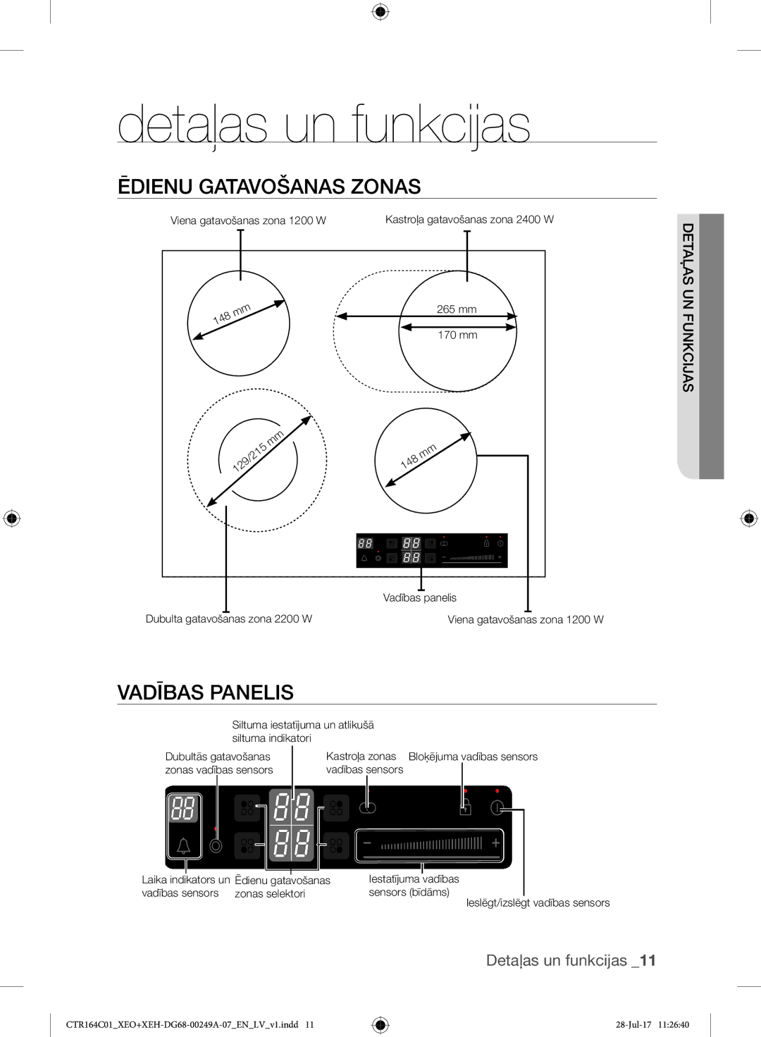 Samsung CTR164NC01/XEO manual Detaļas un funkcijas, Ēdienu Gatavošanas Zonas, Vadības Panelis, Funkcijas Detaļas 