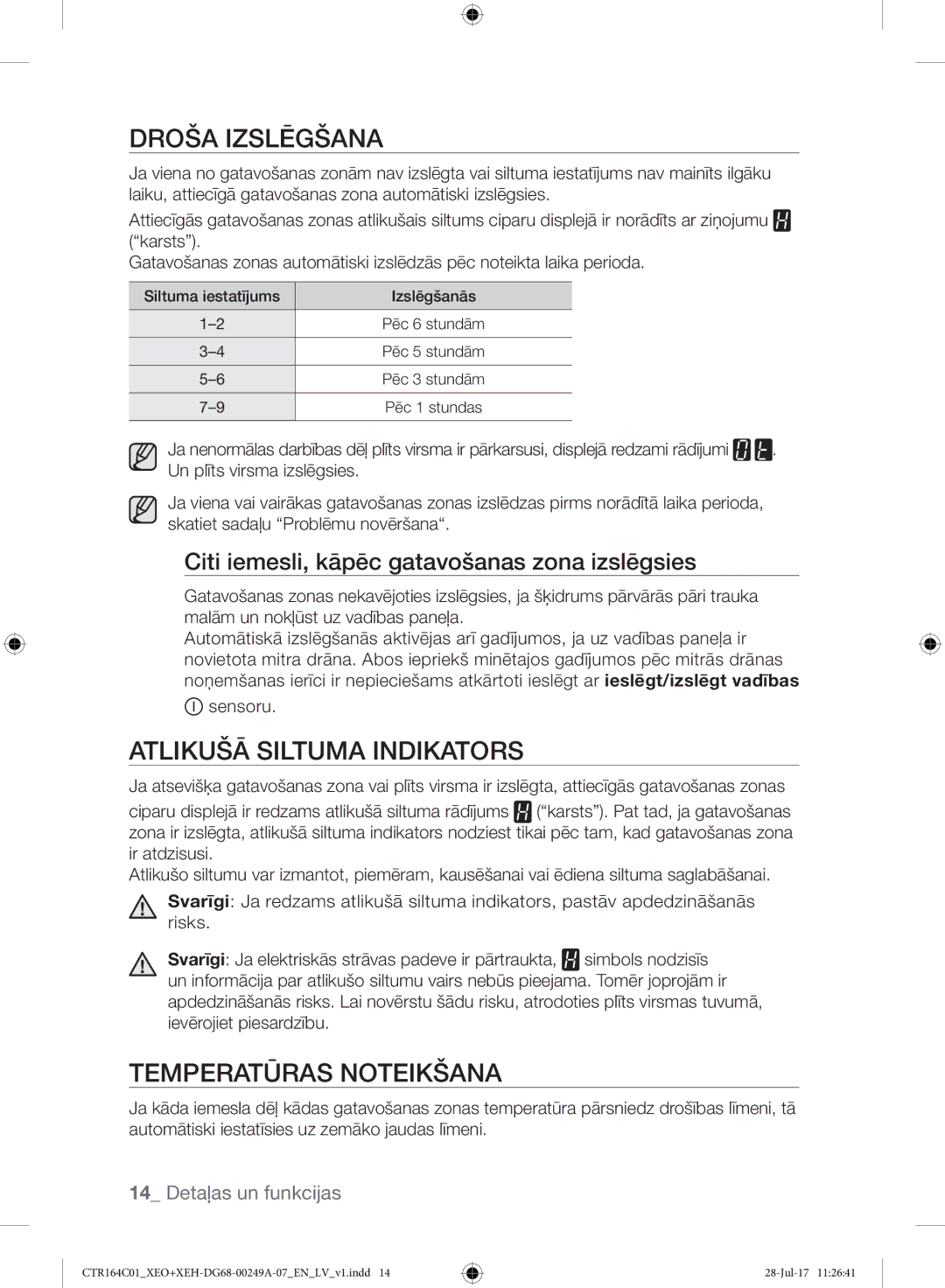 Samsung CTR164NC01/XEO manual Droša Izslēgšana, Atlikušā Siltuma Indikators, Temperatūras Noteikšana 