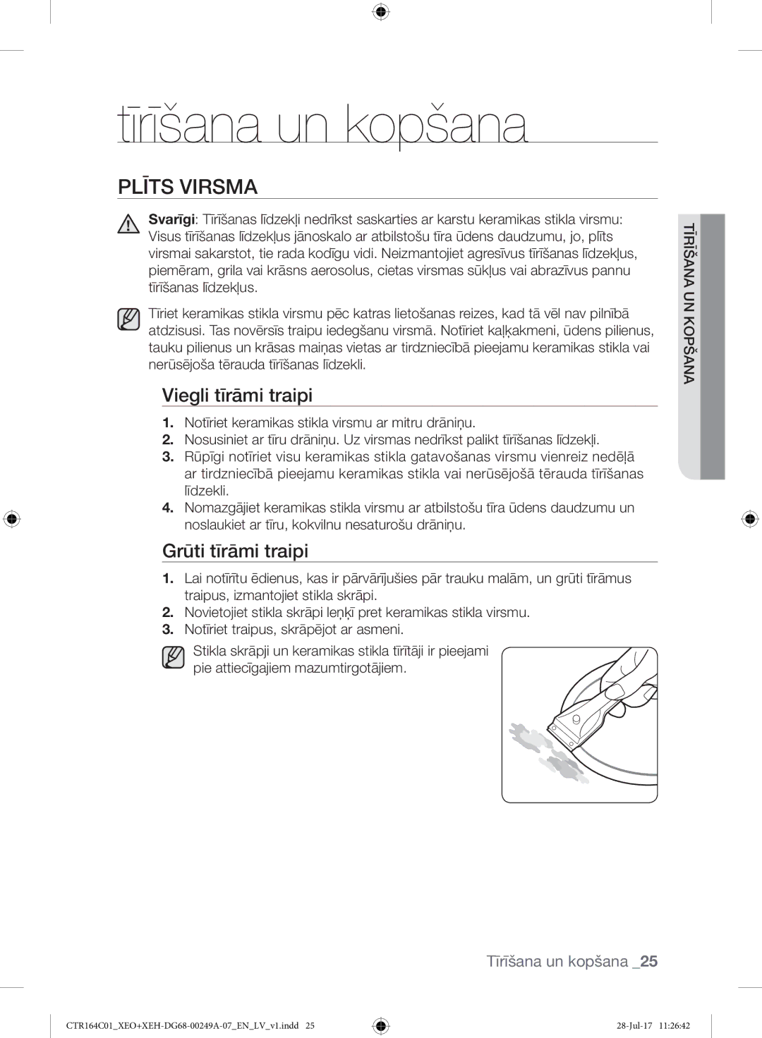 Samsung CTR164NC01/XEO Tīrīšana un kopšana, Plīts Virsma, Viegli tīrāmi traipi, Grūti tīrāmi traipi, Šana kopun šana Tīrī 