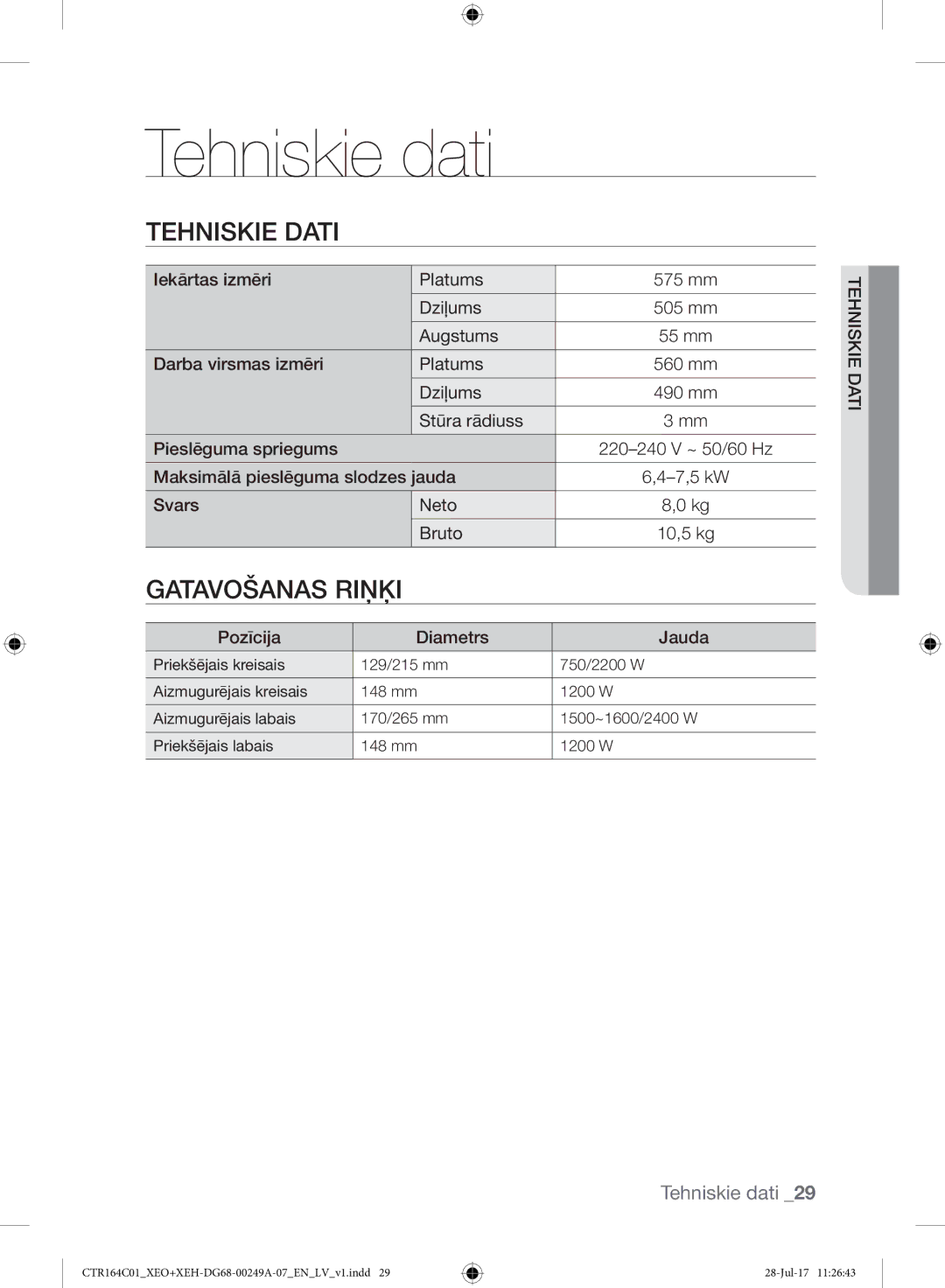 Samsung CTR164NC01/XEO manual Tehniskie dati, Tehniskie Dati, Gatavošanas Riņķi 