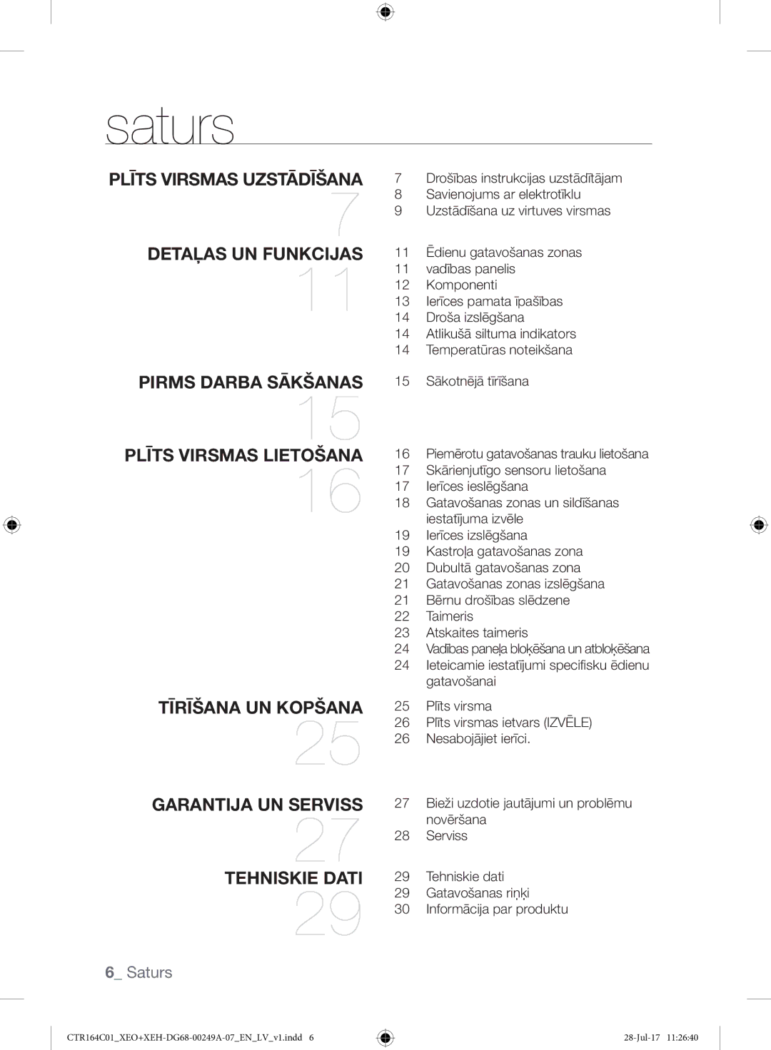 Samsung CTR164NC01/XEO manual Saturs, Plīts Virsmas Uzstādīšana 