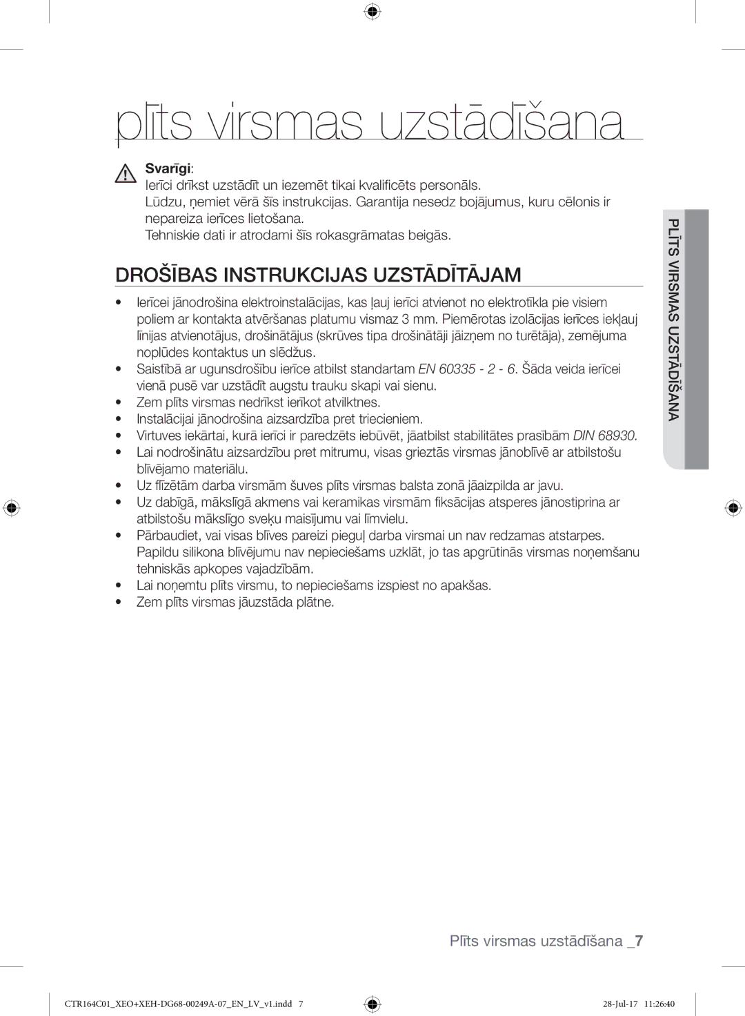 Samsung CTR164NC01/XEO manual Plīts virsmas uzstādīšana, Drošības Instrukcijas Uzstādītājam 