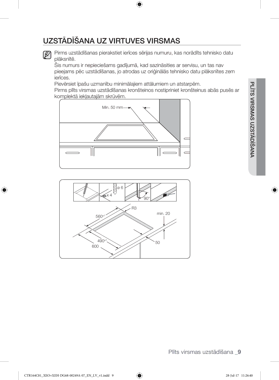 Samsung CTR164NC01/XEO manual Uzstādīšana UZ Virtuves Virsmas 