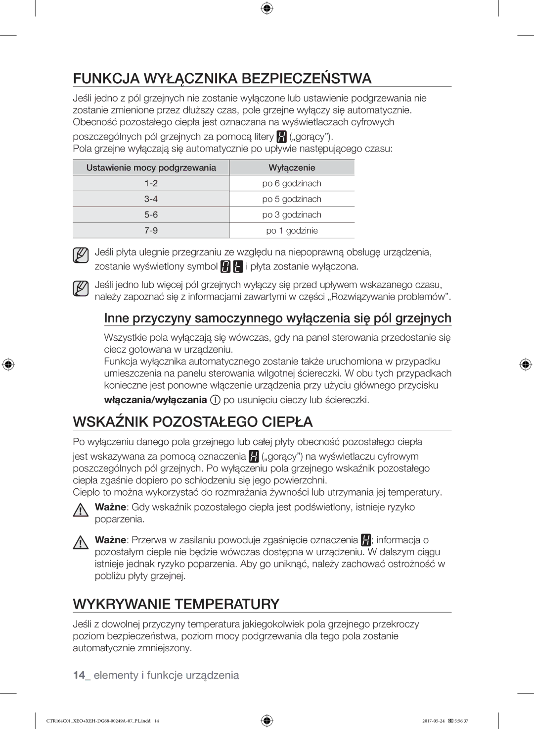 Samsung CTR164NC01/XEO manual Funkcja Wyłącznika Bezpieczeństwa, Wskaźnik Pozostałego Ciepła, Wykrywanie Temperatury 