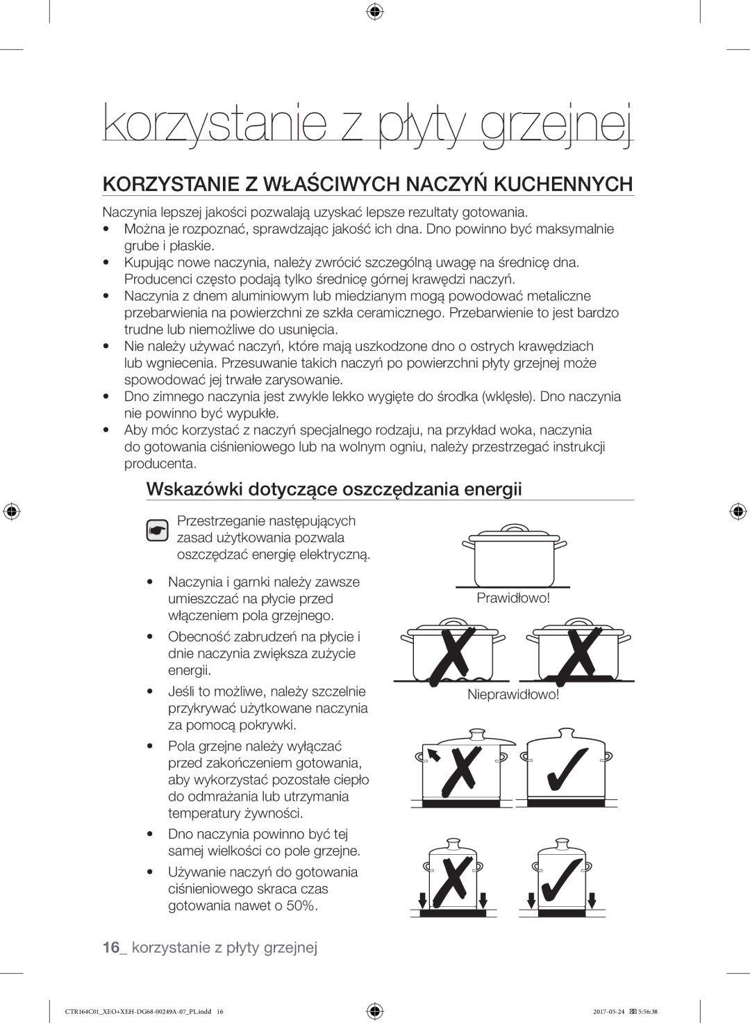 Samsung CTR164NC01/XEO Korzystanie z płyty grzejnej, Korzystanie Z Właściwych Naczyń Kuchennych, Prawidłowo Nieprawidłowo 