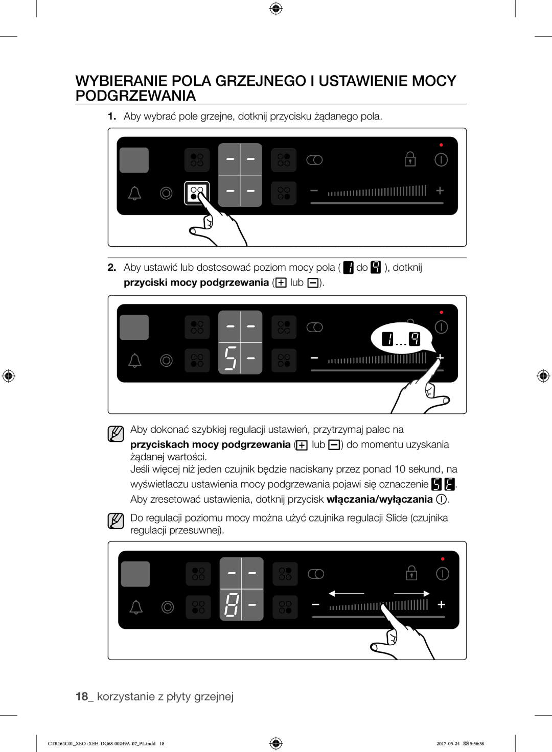 Samsung CTR164NC01/XEO manual Wybieranie Pola Grzejnego I Ustawienie Mocy Podgrzewania 