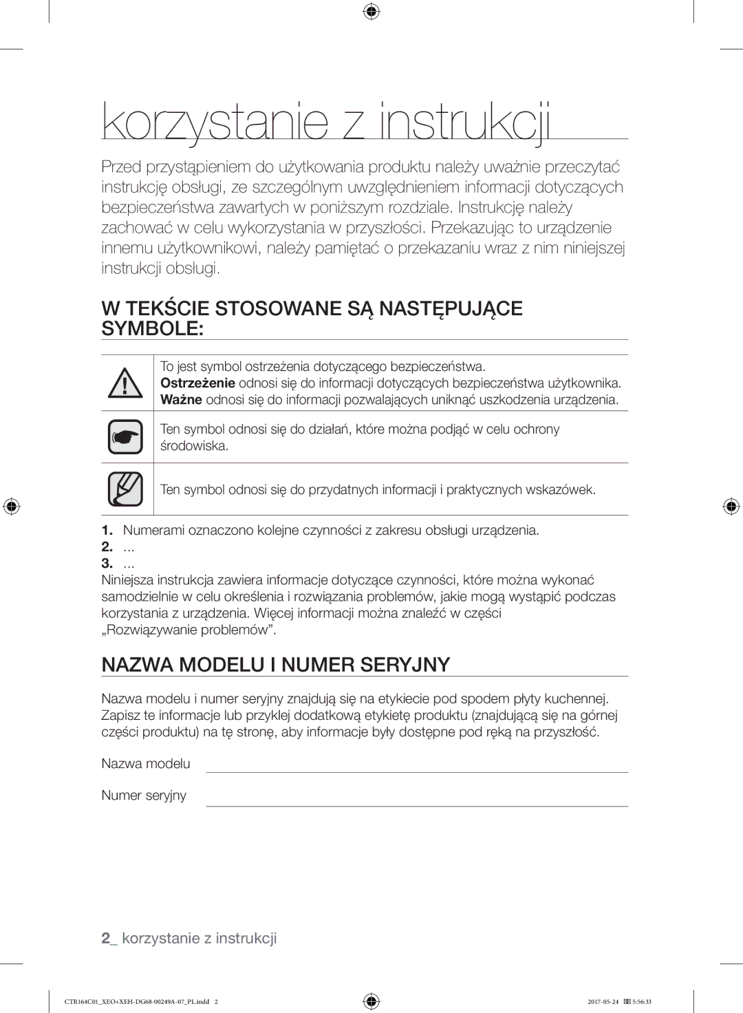 Samsung CTR164NC01/XEO Korzystanie z instrukcji, Tekście Stosowane SĄ Następujące Symbole, Nazwa Modelu I Numer Seryjny 