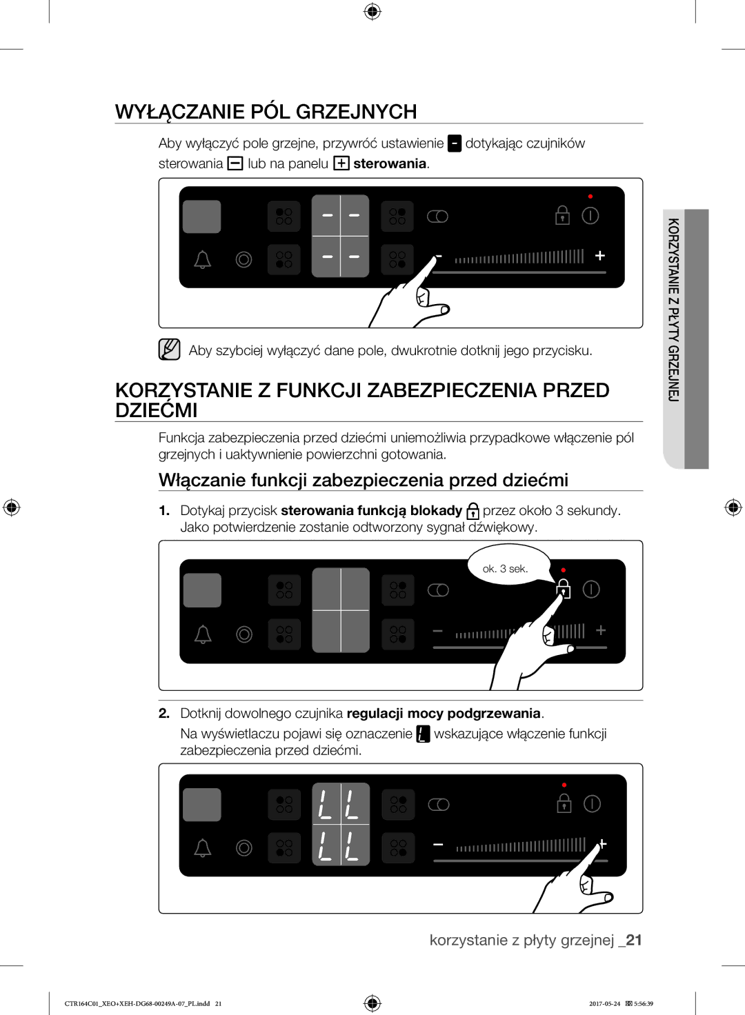 Samsung CTR164NC01/XEO manual Wyłączanie PÓL Grzejnych, Korzystanie Z Funkcji Zabezpieczenia Przed Dziećmi 