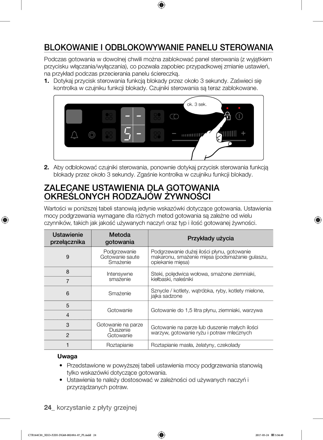 Samsung CTR164NC01/XEO manual Blokowanie I Odblokowywanie Panelu Sterowania 