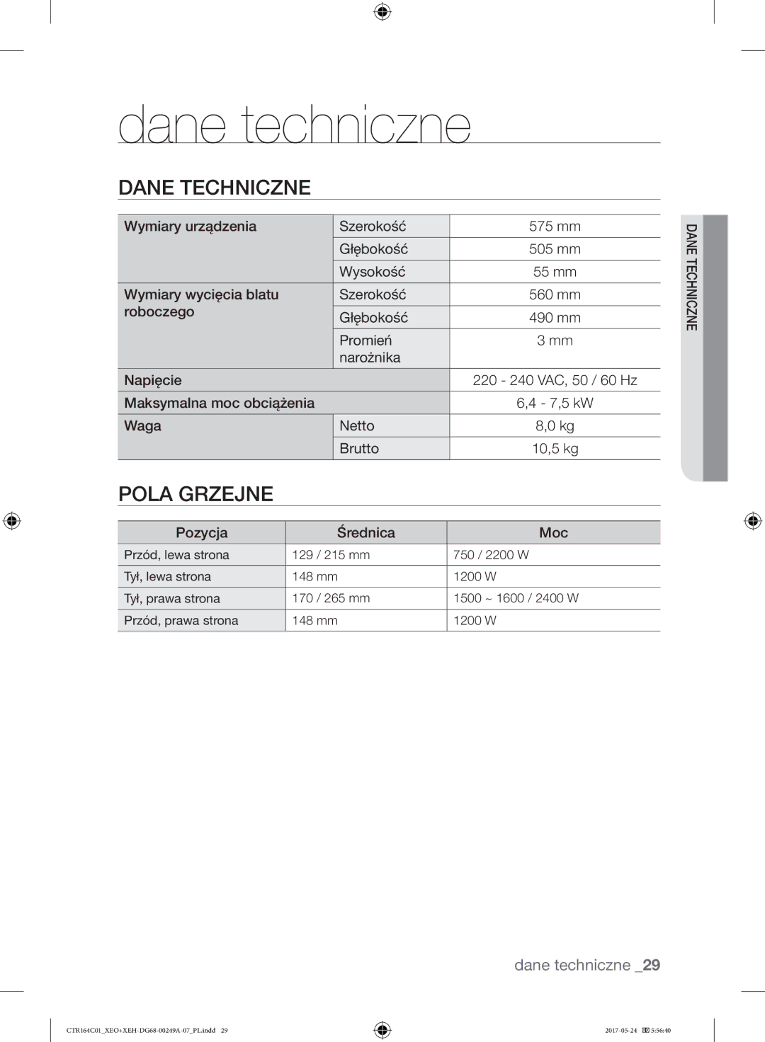 Samsung CTR164NC01/XEO manual Dane techniczne, Dane Techniczne 