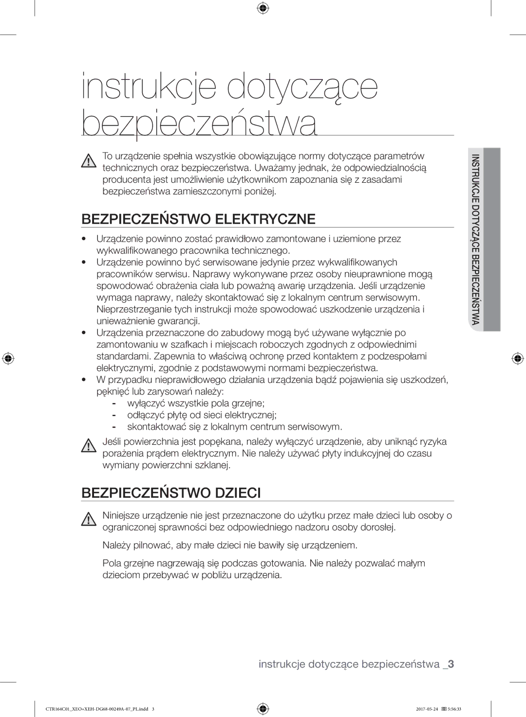 Samsung CTR164NC01/XEO manual Bezpieczeństwo Elektryczne, Bezpieczeństwo Dzieci 