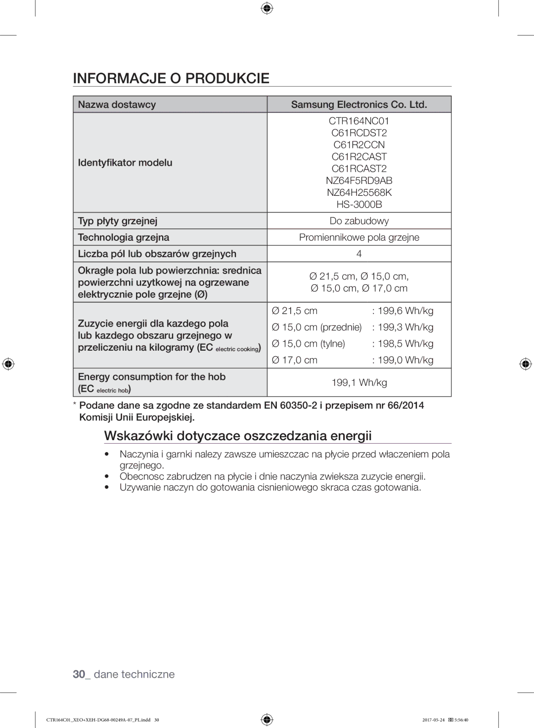 Samsung CTR164NC01/XEO manual Informacje O Produkcie, Wskazówki dotyczace oszczedzania energii 