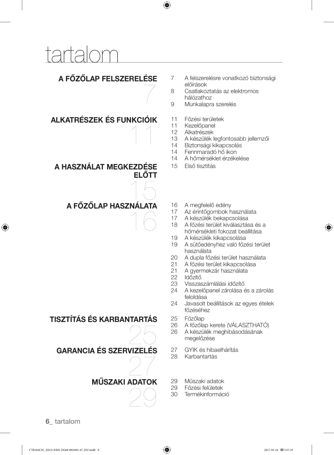 Samsung CTR164NC01/XEO manual Tartalom, Főzőlap Felszerelése Alkatrészek ÉS Funkcióik 