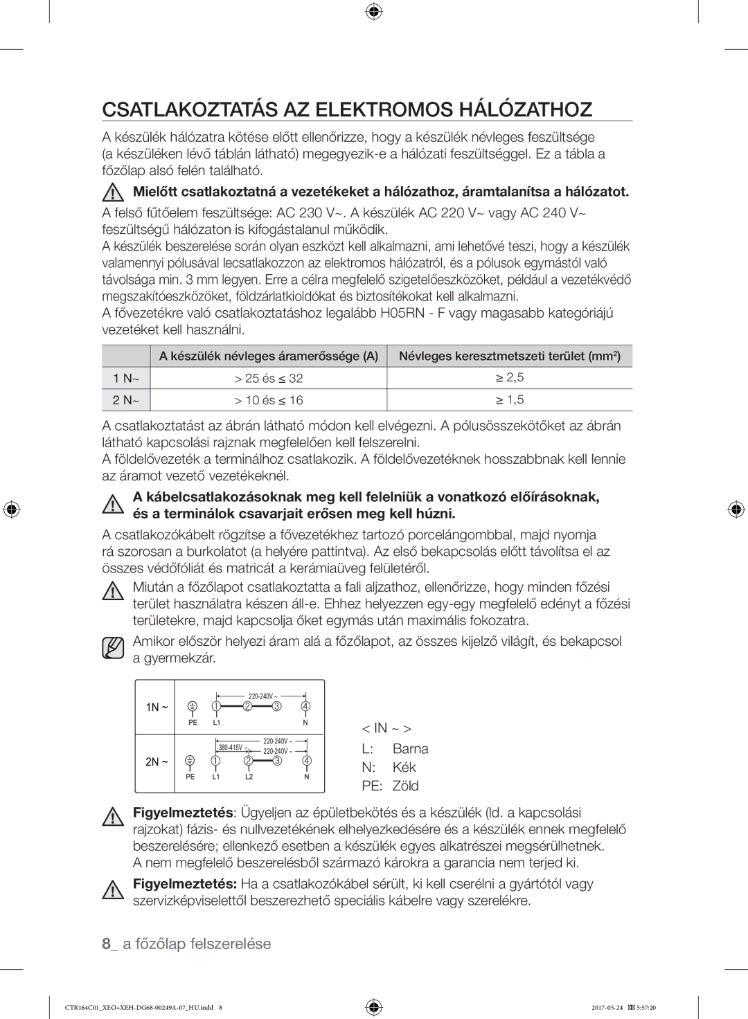 Samsung CTR164NC01/XEO manual Csatlakoztatás AZ Elektromos Hálózathoz, Barna Kék PE Zöld 