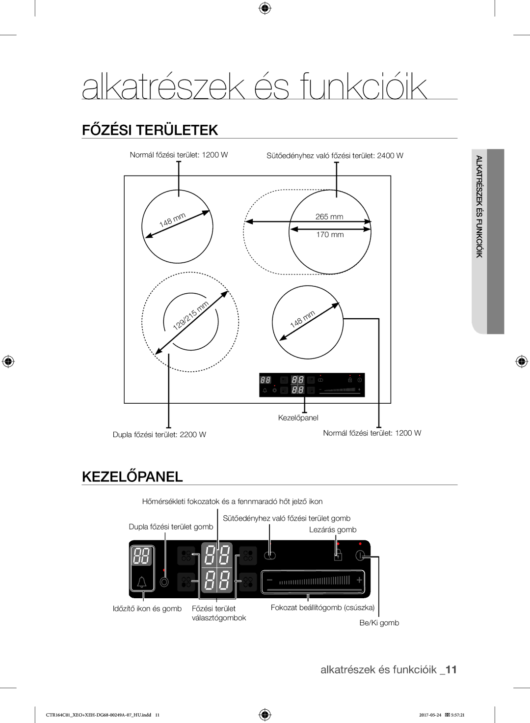 Samsung CTR164NC01/XEO manual Alkatrészek és funkcióik, Főzési Területek, Kezelőpanel 