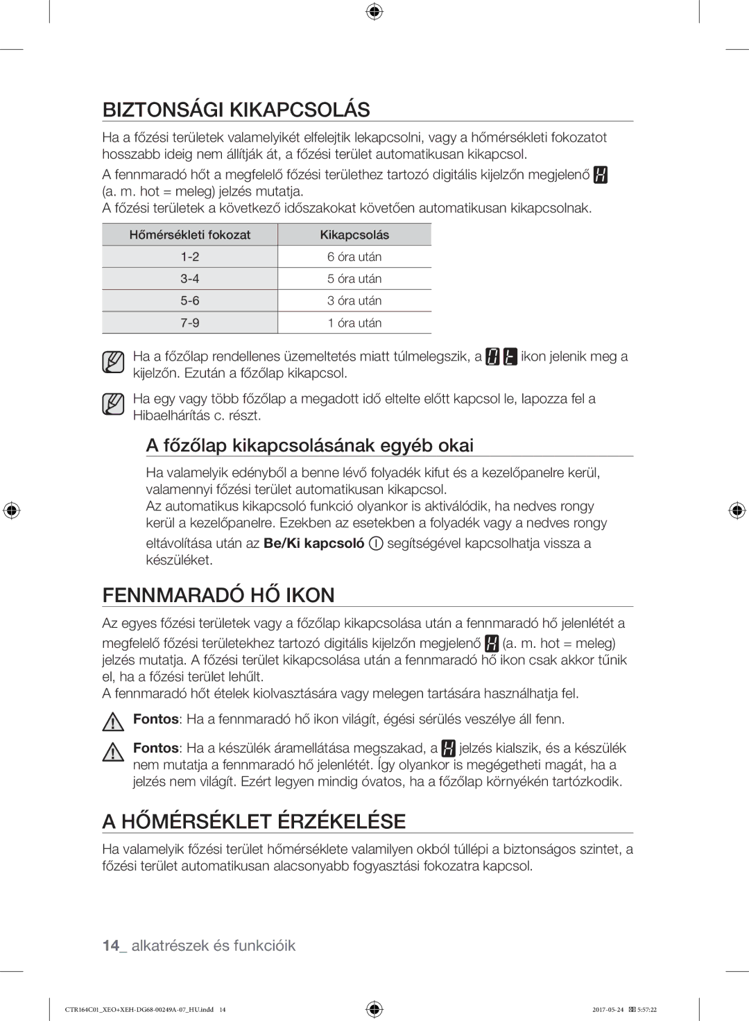 Samsung CTR164NC01/XEO manual Biztonsági Kikapcsolás, Fennmaradó HŐ Ikon, Hőmérséklet Érzékelése 