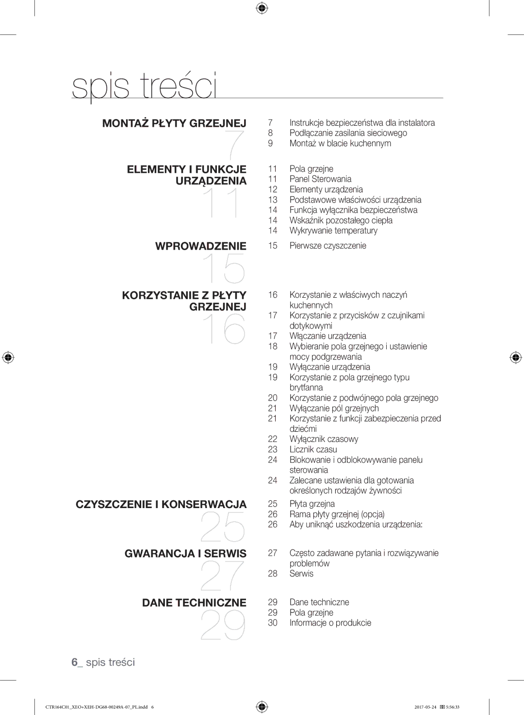 Samsung CTR164NC01/XEO manual Spis treści, Montaż Płyty Grzejnej 