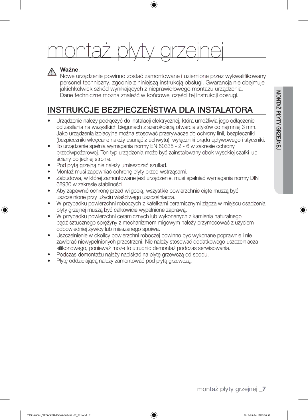 Samsung CTR164NC01/XEO manual Montaż płyty grzejnej, Instrukcje Bezpieczeństwa DLA Instalatora 