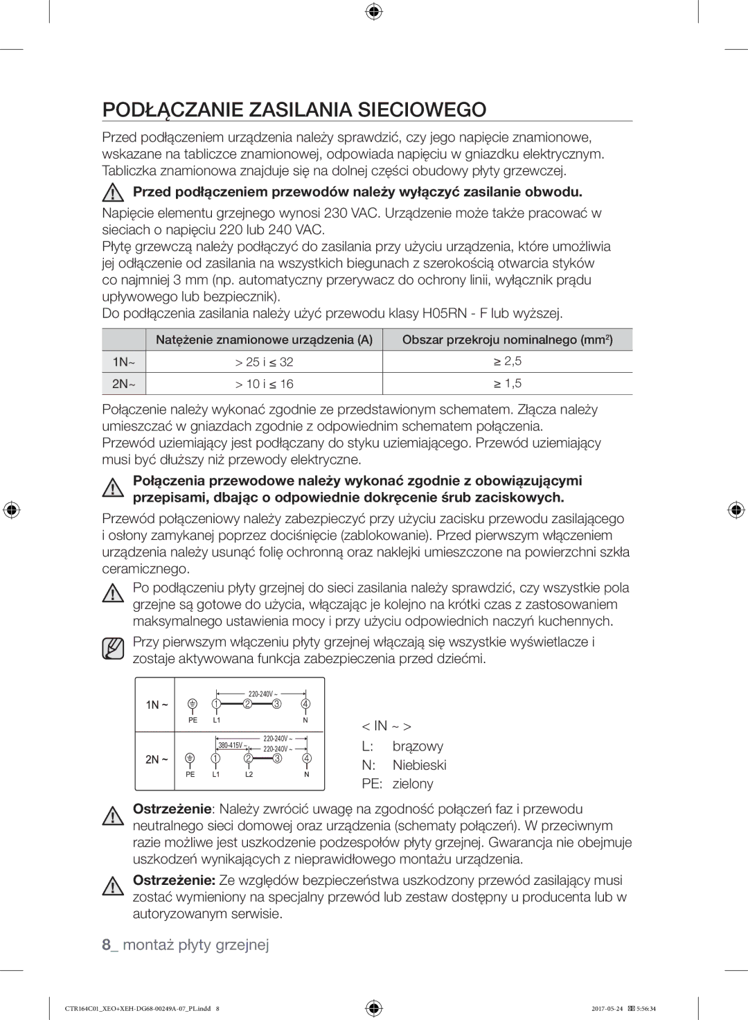 Samsung CTR164NC01/XEO manual Podłączanie Zasilania Sieciowego, Brązowy Niebieski PE zielony 