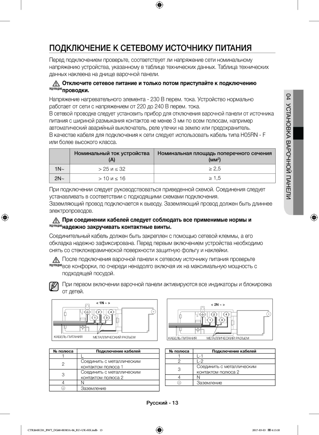 Samsung CTR264KB01/BWT, CTR264KC01/BWT manual Подключение К Сетевому Источнику Питания, 04 Установка Варочной Панели 