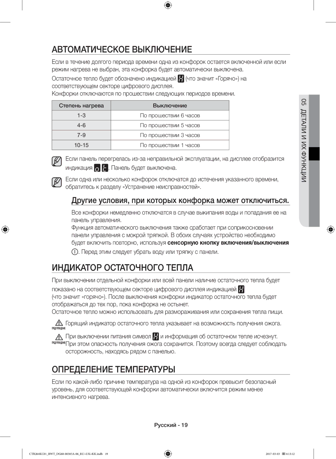 Samsung CTR264KB01/BWT, CTR264KC01/BWT Автоматическое Выключение, Индикатор Остаточного Тепла, Определение Температуры 