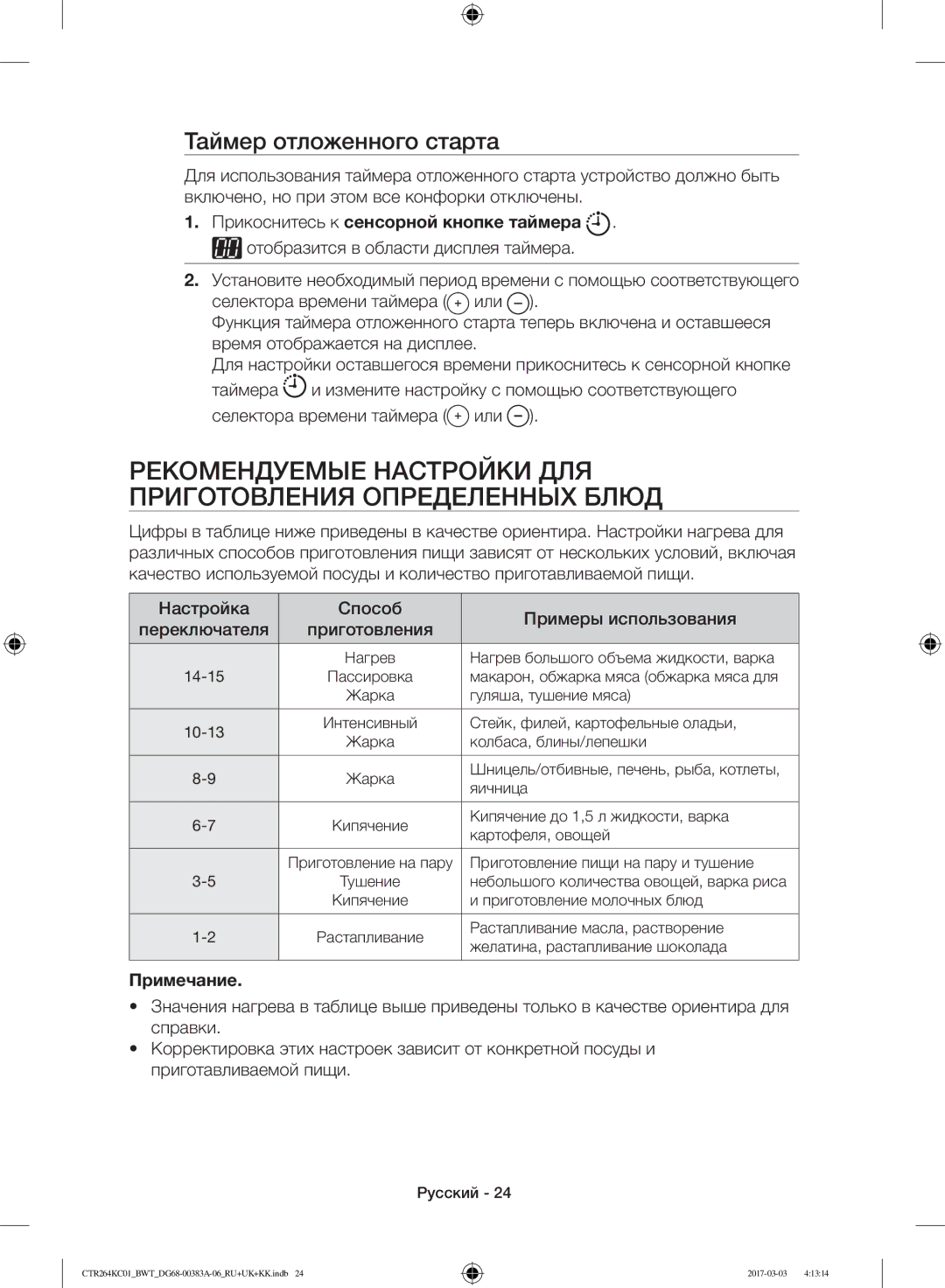 Samsung CTR264KC01/BWT Рекомендуемые Настройки ДЛЯ Приготовления Определенных Блюд, Таймер отложенного старта, Примечание 